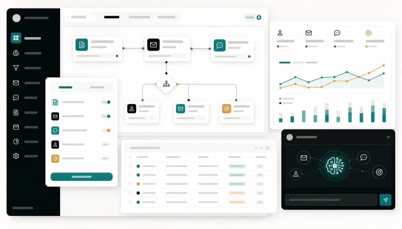 Business workflow automation dashboard with forms, messages, reports and assistant panels